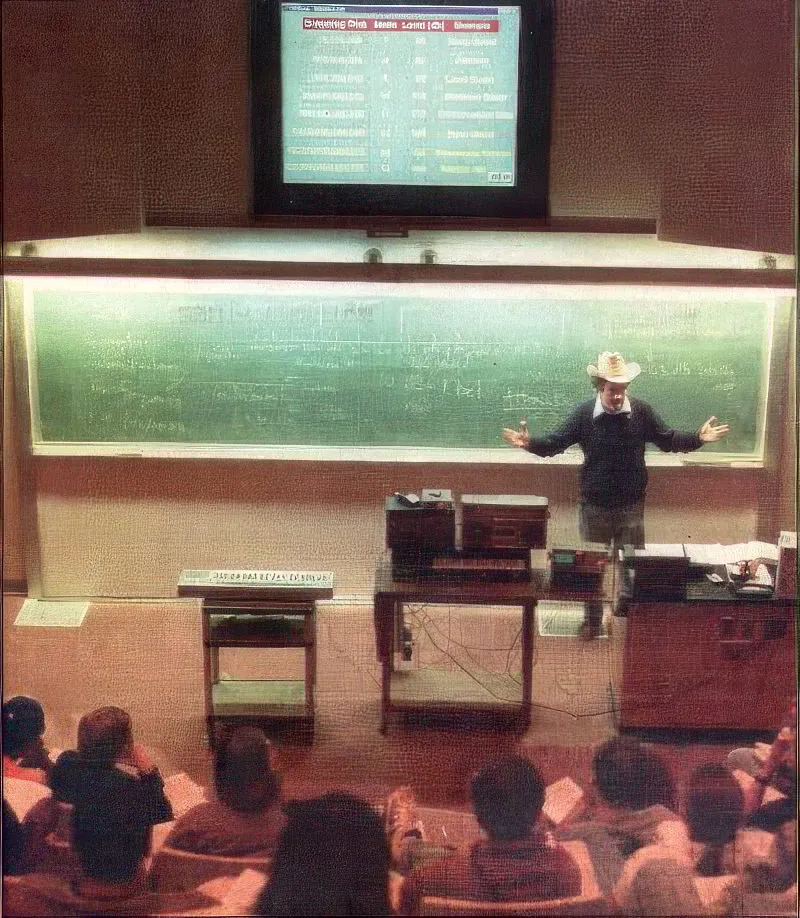 Doc at front of large class with cowboy hat and hands outstretched.